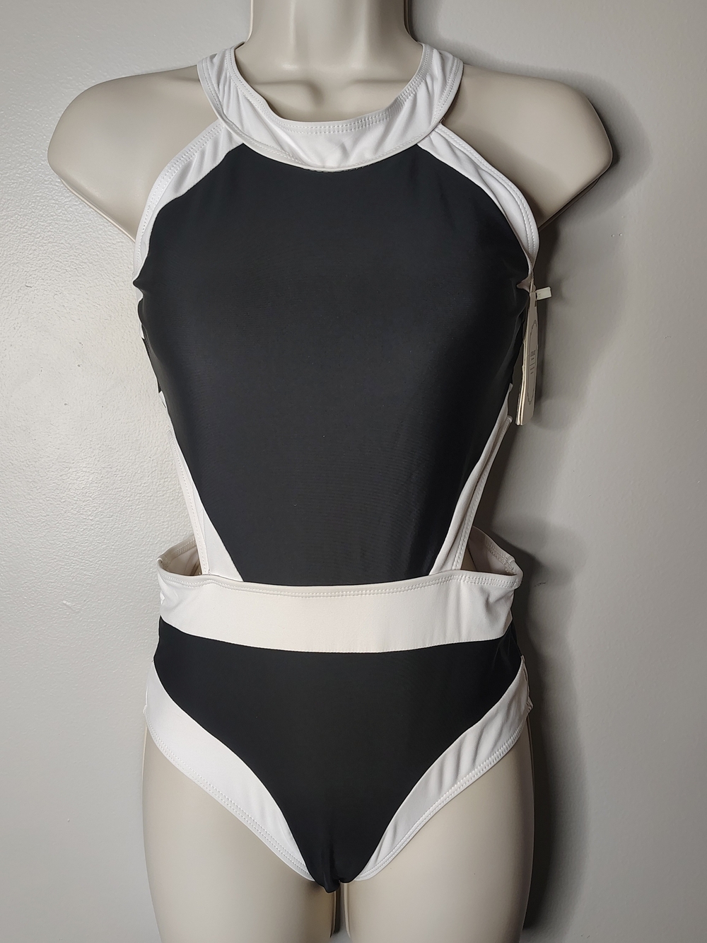 Women's One Piece Black White Swimsuit Cutout High Neck Bathing Suit Size Small